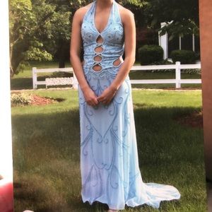 Blue sequined prom dress with bra cups.